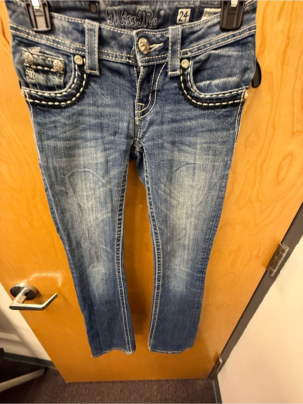 Miss Me Blue Wash straight leg Jeans with Contrast Stitching